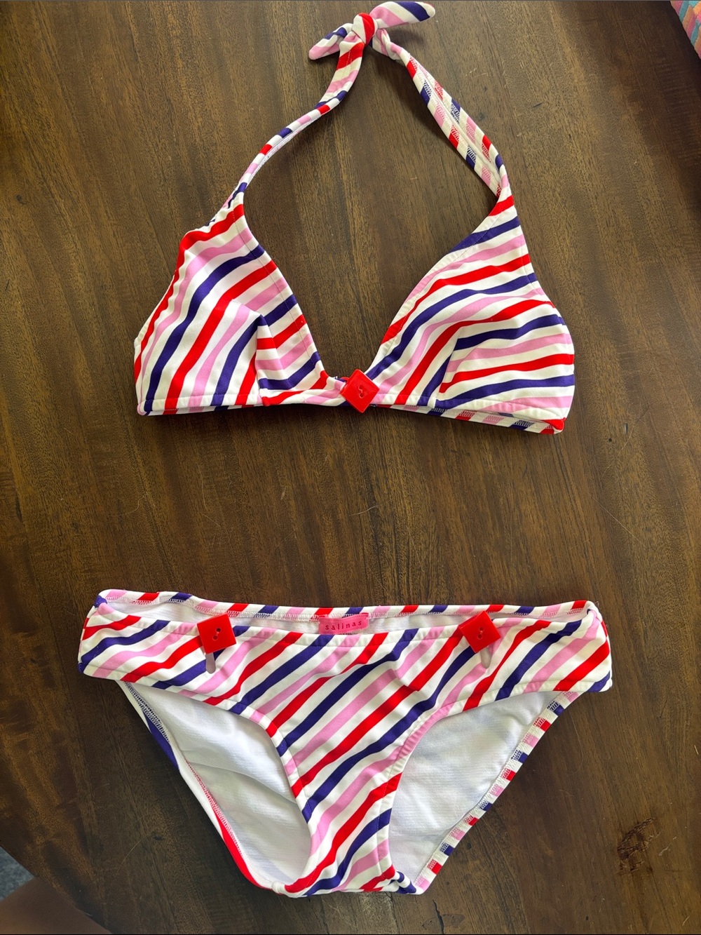 NWOT RARE Salinas set, full bottom and triangle top. Diagonal stripe print